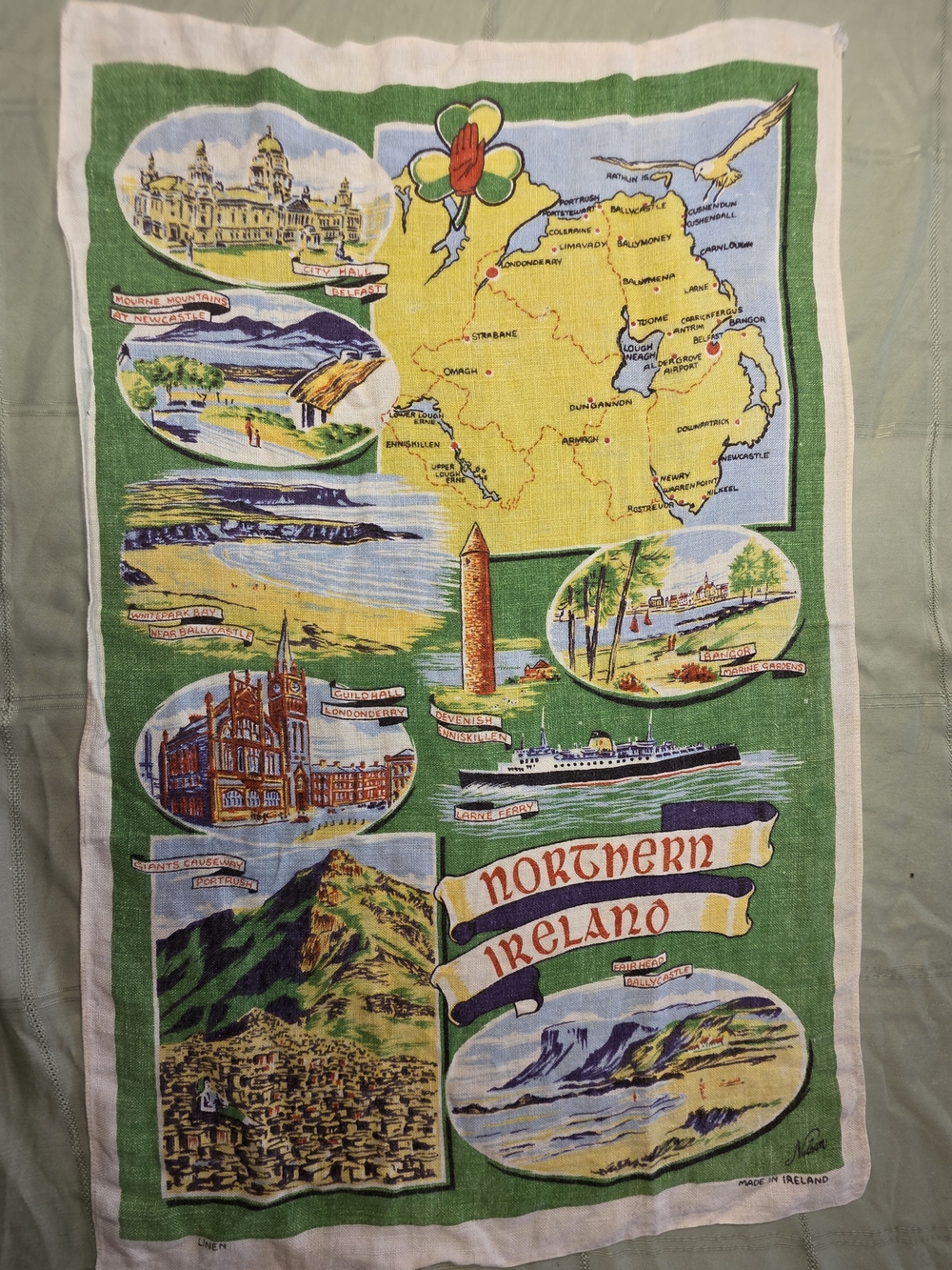 Vintage Northern Ireland Souvenir Tea Towel - Map & Landmarks